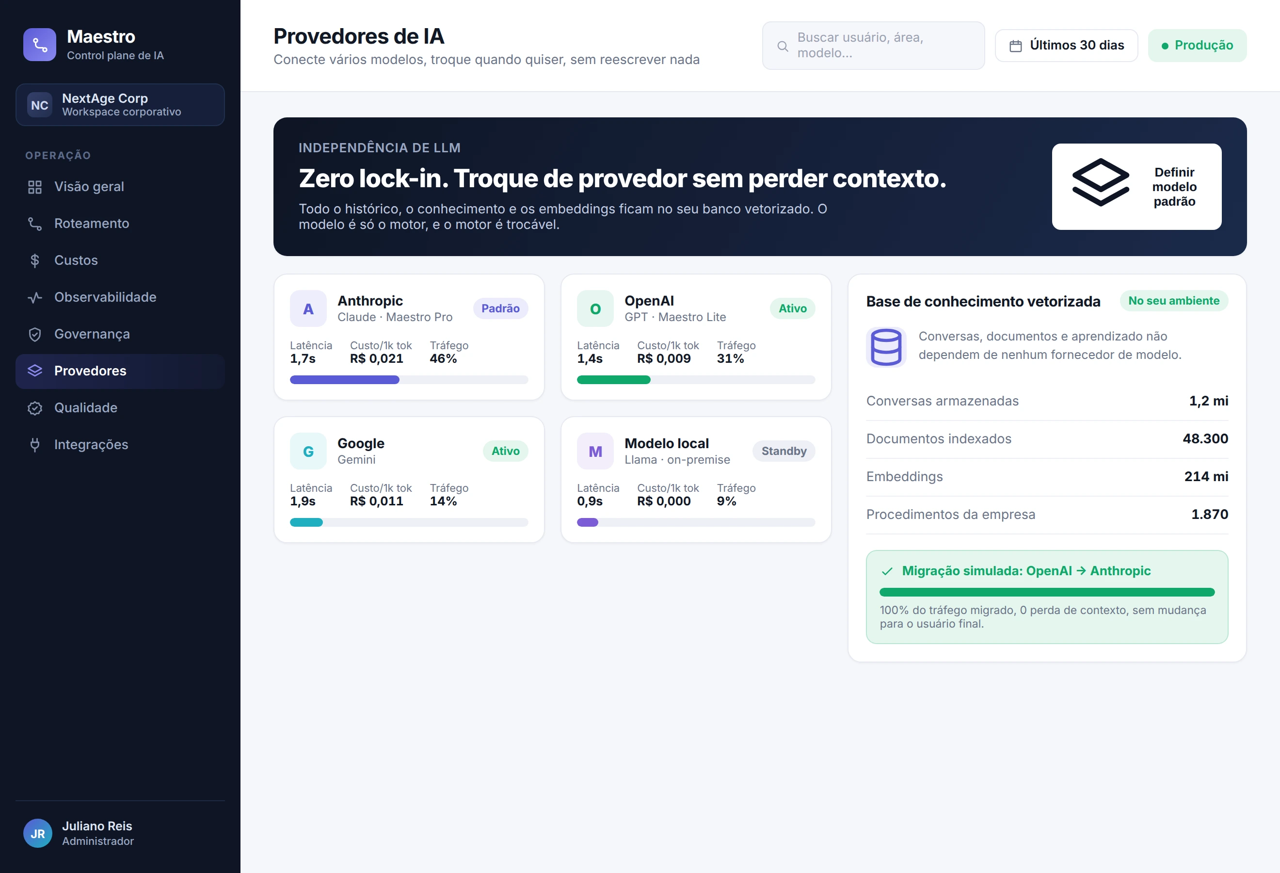 Tela de independência de LLM do NX Maestro: múltiplos provedores conectados e banco de conhecimento vetorizado próprio