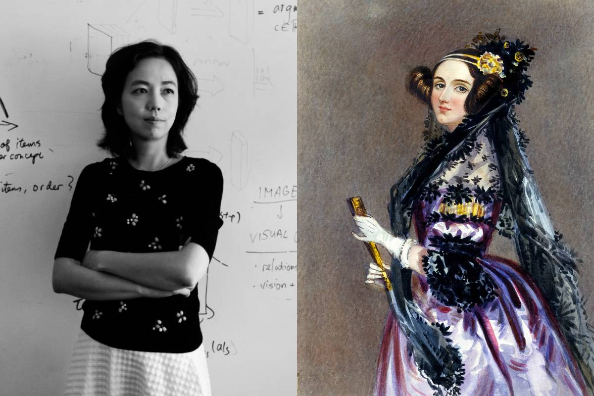 Side-by-side image of Fei-Fei Li, a leading artificial intelligence expert, standing confidently in front of a whiteboard with diagrams, and Ada Lovelace, the world’s first computer programmer, depi