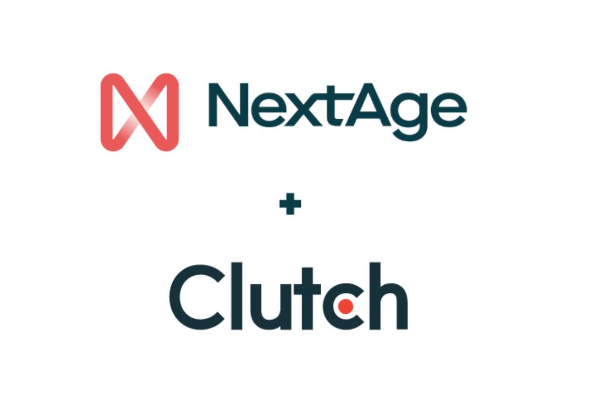 Logotipos das empresas NextAge e Clutch lado a lado, representando uma parceria ou colaboração entre as duas marcas