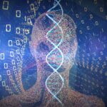 Representação abstrata de um DNA sobreposto a uma figura humana digitalizada, simbolizando a integração entre biotecnologia, genética e dados digitais.