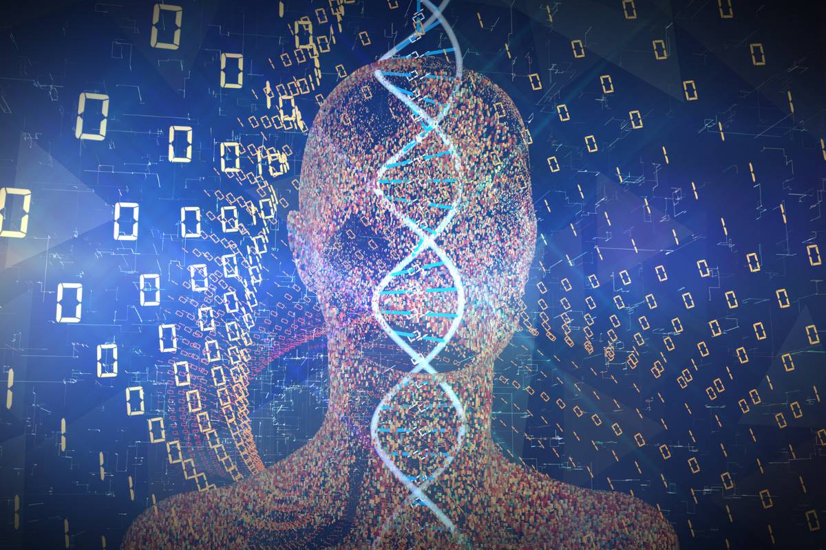 Representação abstrata de um DNA sobreposto a uma figura humana digitalizada, simbolizando a integração entre biotecnologia, genética e dados digitais.