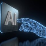 Representação digital de uma mão feita de linhas e pontos tocando um botão com o texto "AI", simbolizando a interação entre inteligência artificial e tecnologia futurista.
