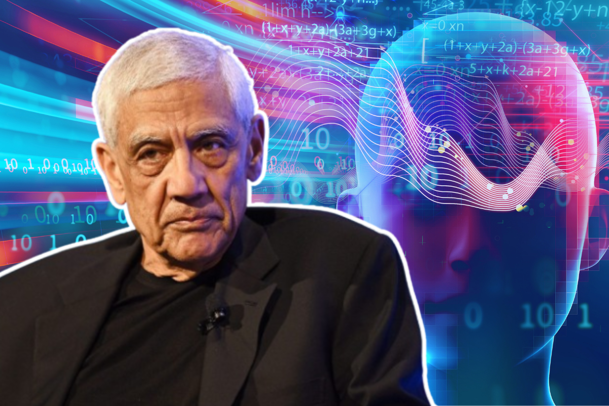 Vinod Khosla, co-founder of Sun Microsystems, looks contemplative against a backdrop of digital algorithms and graphs symbolizing the discussion on AI's potential to replace jobs