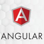 Logotipo do Angular com fundo de padrão hexagonal em tons claros, destacando o símbolo "A" em um escudo vermelho e cinza, representando o framework de desenvolvimento web Angular.