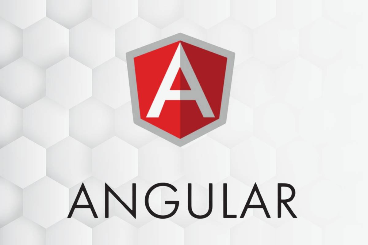 Logotipo do Angular com fundo de padrão hexagonal em tons claros, destacando o símbolo "A" em um escudo vermelho e cinza, representando o framework de desenvolvimento web Angular.