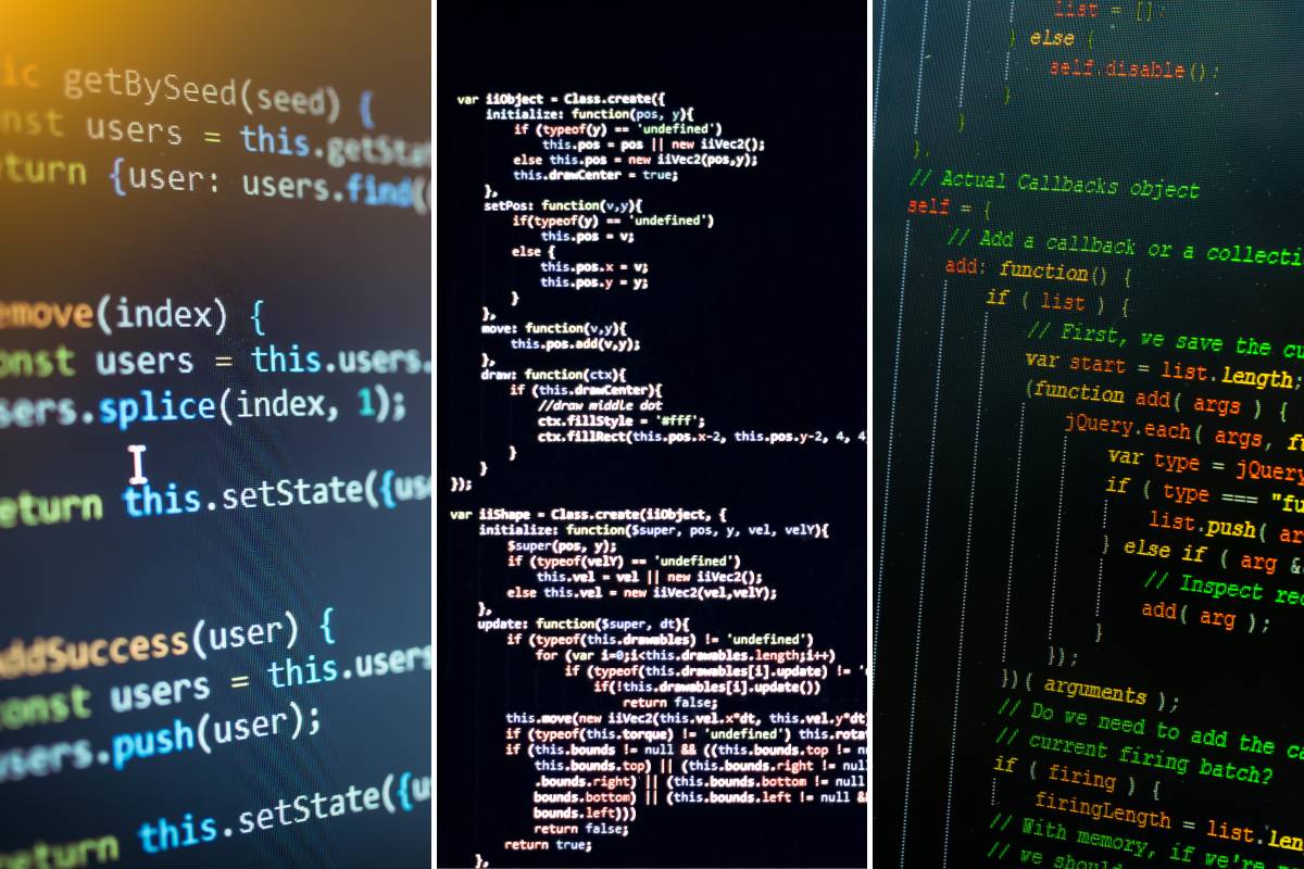 Code snippets in various programming languages showcasing modern frameworks and development tools, such as React, Angular, and Node.js, used to build web applications and APIs.