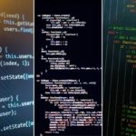 Trechos de código em diferentes linguagens de programação, ilustrando frameworks modernos e ferramentas de desenvolvimento, como React, Angular, e Node.js, usados para criar aplicações web e APIs