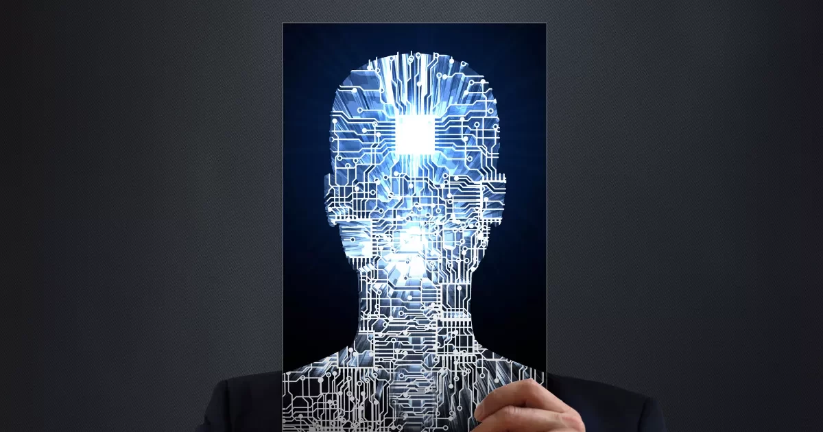 Homem segurando uma imagem digital de um rosto com circuitos, simbolizando a fusão entre Inteligência Artificial e liderança em TI.