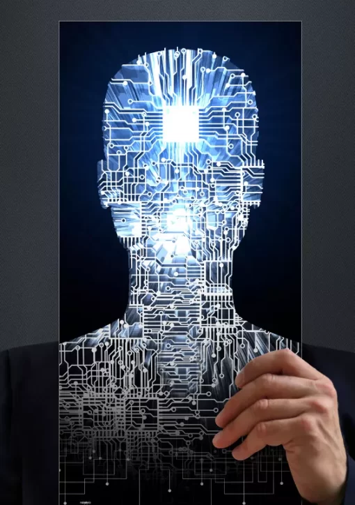 Homem segurando uma imagem digital de um rosto com circuitos, simbolizando a fusão entre Inteligência Artificial e liderança em TI.