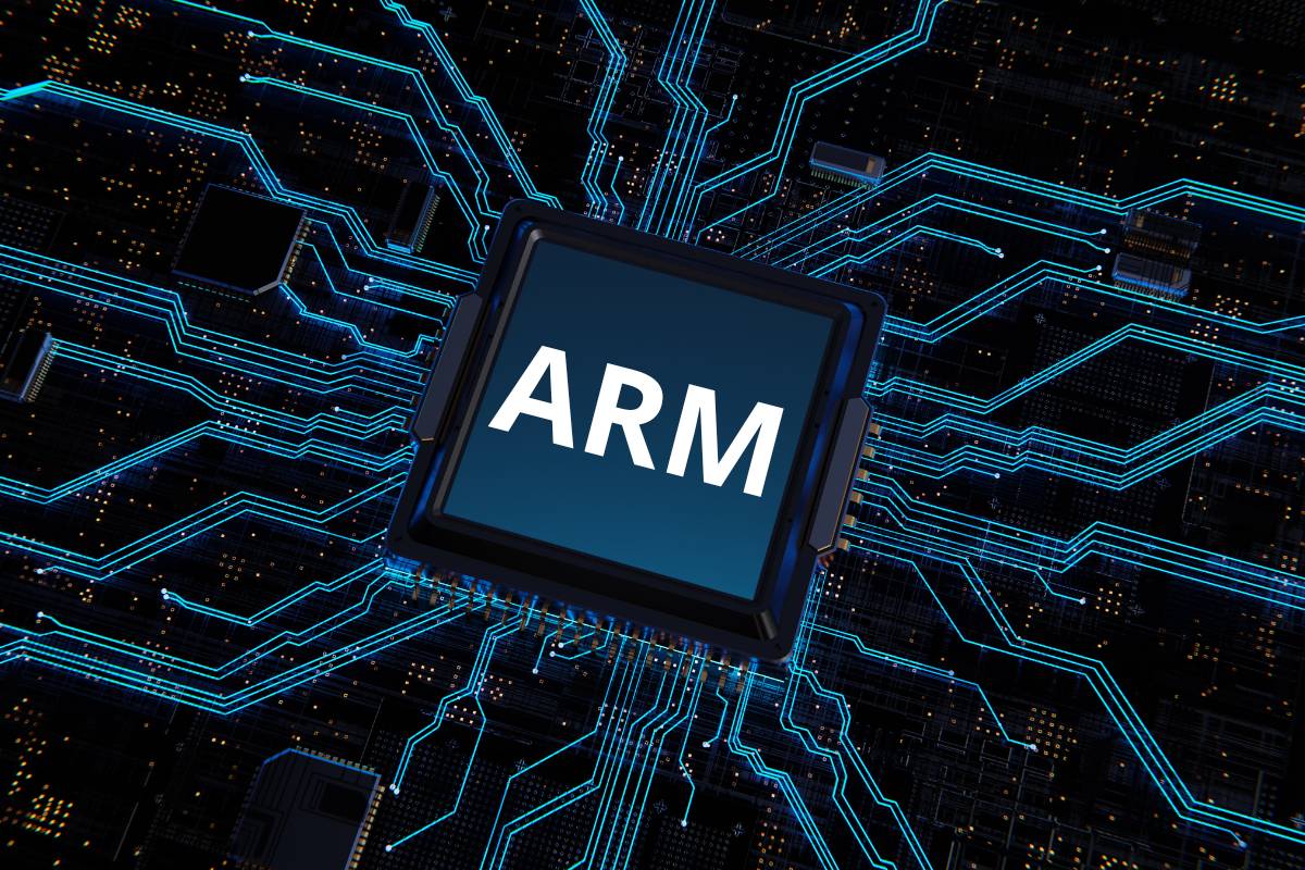 Ilustração de um processador ARM destacado em um circuito eletrônico, representando a eficiência e inovação tecnológica da arquitetura ARM em dispositivos modernos