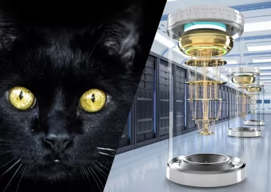 À esquerda, um gato preto; à direita, um supercomputador quântico, ilustrando a relação entre o Gato de Schrödinger e a computação quântica