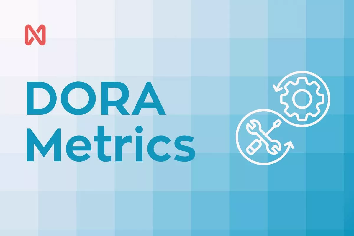 Gráfico com o título "DORA Metrics" em fundo azul claro, contendo ícones que simbolizam ferramentas e engrenagens representando o ciclo de melhoria contínua no desenvolvimento de software.