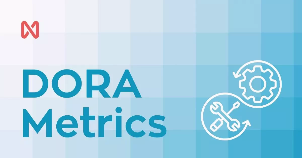 Graph titled "DORA Metrics" on a light blue background, featuring icons of tools and gears symbolizing the continuous improvement cycle in software development.