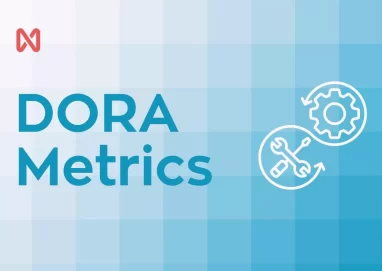 Graph titled "DORA Metrics" on a light blue background, featuring icons of tools and gears symbolizing the continuous improvement cycle in software development.