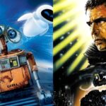 Montagem com Wall-E e Blade Runner, representando robôs e futuros distópicos em filmes de ficção científica.