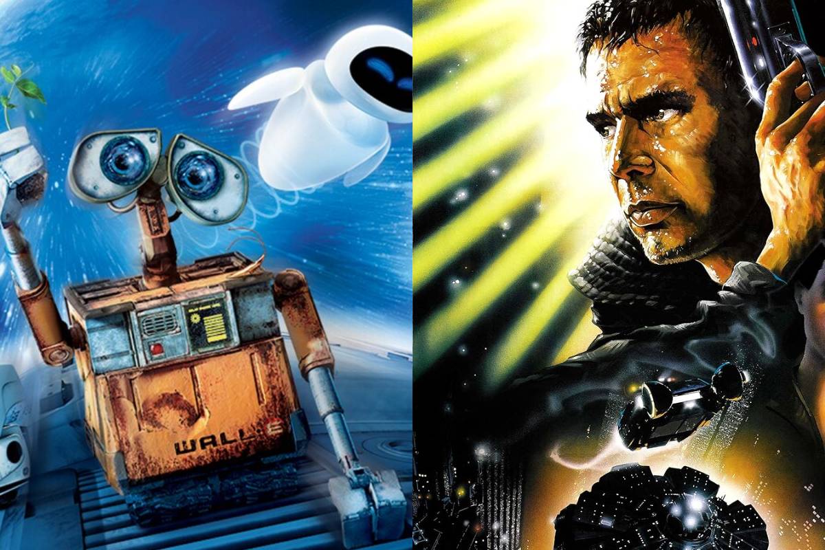 Montagem com Wall-E e Blade Runner, representando robôs e futuros distópicos em filmes de ficção científica.