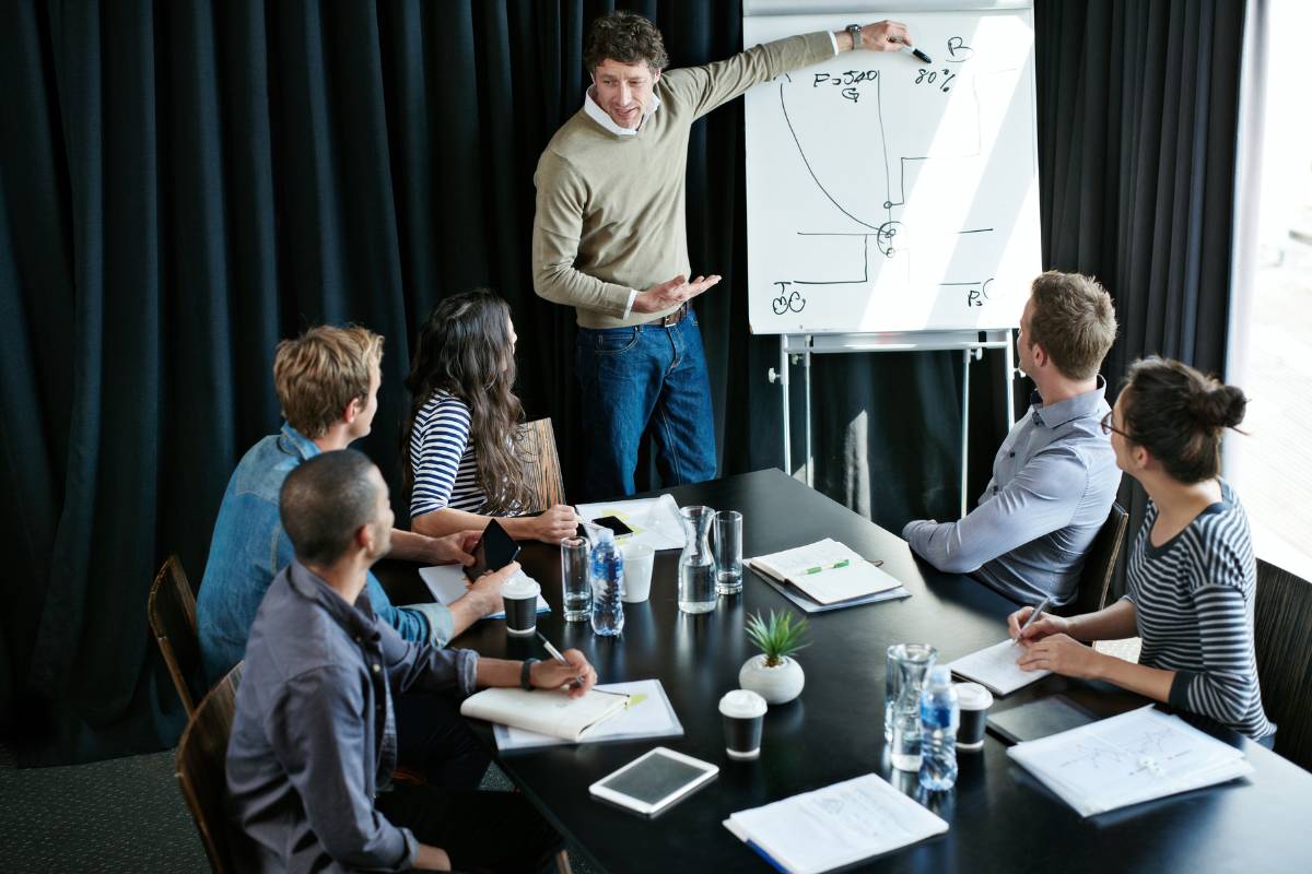 Presenter explaining concepts on a whiteboard to a team in a business meeting.