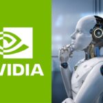 Logotipo da NVIDIA ao lado de um robô humanóide, simbolizando inteligência artificial e tecnologia avançada.