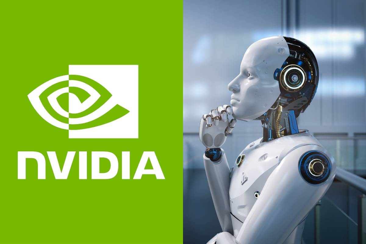 Logotipo da NVIDIA ao lado de um robô humanóide, simbolizando inteligência artificial e tecnologia avançada.