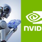 Robô humanoide lendo um livro digitalizado, representando aprendizado de máquina e inteligência artificial, com o logotipo da NVIDIA ao lado.