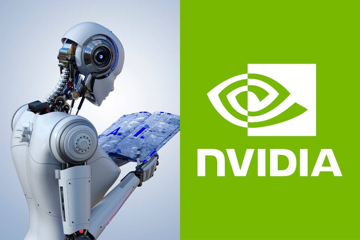 Robô humanoide lendo um livro digitalizado, representando aprendizado de máquina e inteligência artificial, com o logotipo da NVIDIA ao lado.