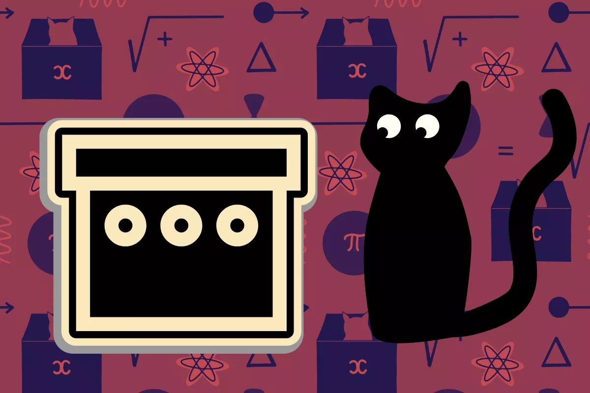 Ilustração de um gato preto observando uma caixa fechada, como do experimento do Gato de Schrödinger, em um fundo vermelho