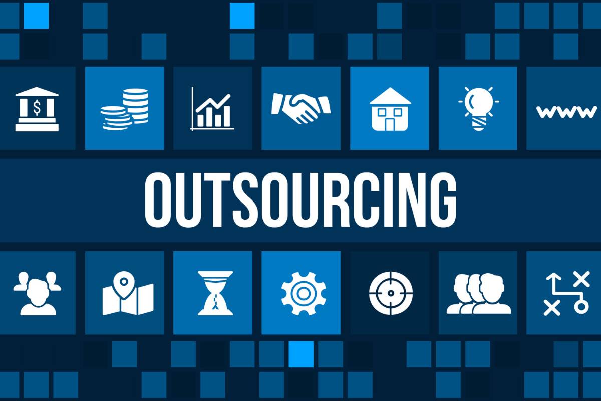 Words and icons highlighting "Outsourcing" on a digital blue panel, representing outsourced services.