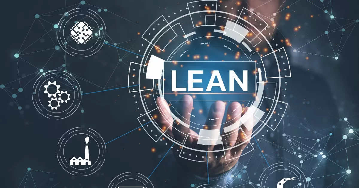 Digital representation of the Lean concept, featuring a hand holding a futuristic hologram with the word "LEAN" prominently displayed. Surrounding it are icons representing various industries and technological processes. The image illustrates the application of Lean’s five principles in corporate environments, highlighting efficiency, innovation, and digital transformation.