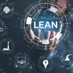 Digital representation of the Lean concept, featuring a hand holding a futuristic hologram with the word "LEAN" prominently displayed. Surrounding it are icons representing various industries and technological processes. The image illustrates the application of Lean’s five principles in corporate environments, highlighting efficiency, innovation, and digital transformation.