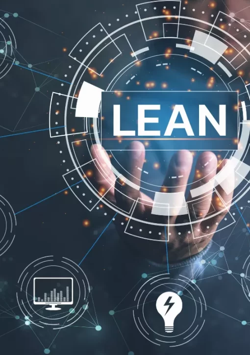 Digital representation of the Lean concept, featuring a hand holding a futuristic hologram with the word "LEAN" prominently displayed. Surrounding it are icons representing various industries and technological processes. The image illustrates the application of Lean’s five principles in corporate environments, highlighting efficiency, innovation, and digital transformation.