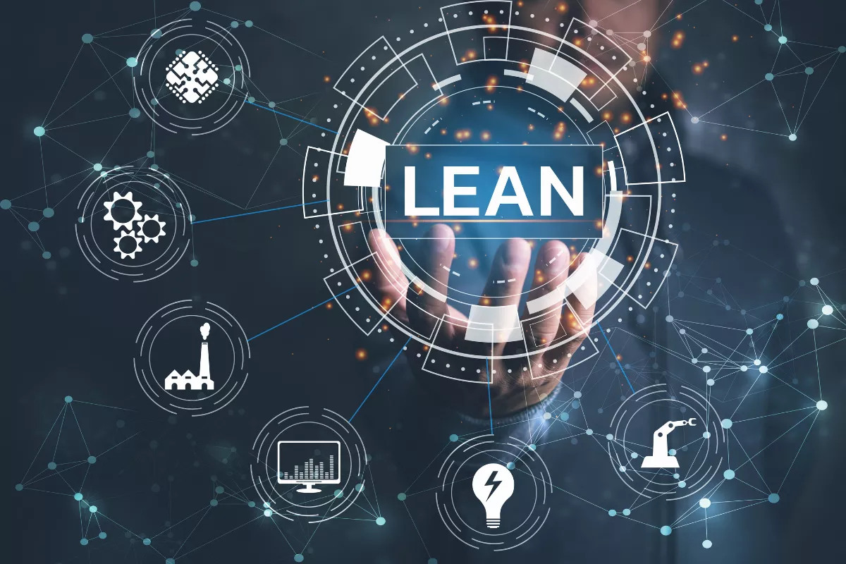 Digital representation of the Lean concept, featuring a hand holding a futuristic hologram with the word "LEAN" prominently displayed. Surrounding it are icons representing various industries and technological processes. The image illustrates the application of Lean’s five principles in corporate environments, highlighting efficiency, innovation, and digital transformation.