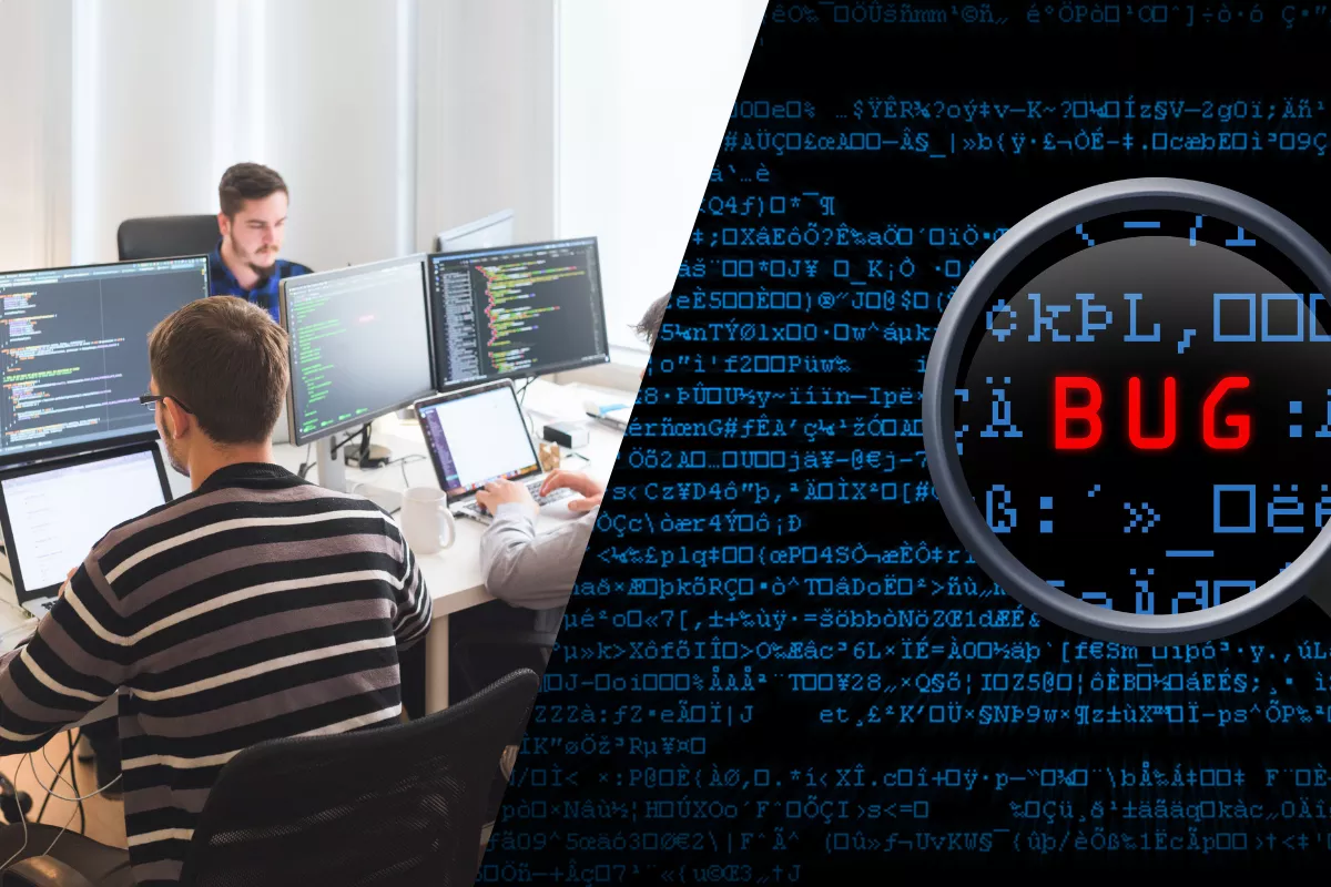 Image split in half: on one side, a screen with code and a magnifying glass highlighting a bug; on the other, a team collaborating, symbolizing the identification and resolution of issues in software development.
