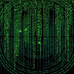 Tela verde repleta de códigos binários (0s e 1s), representando dados digitais e processamento computacional.