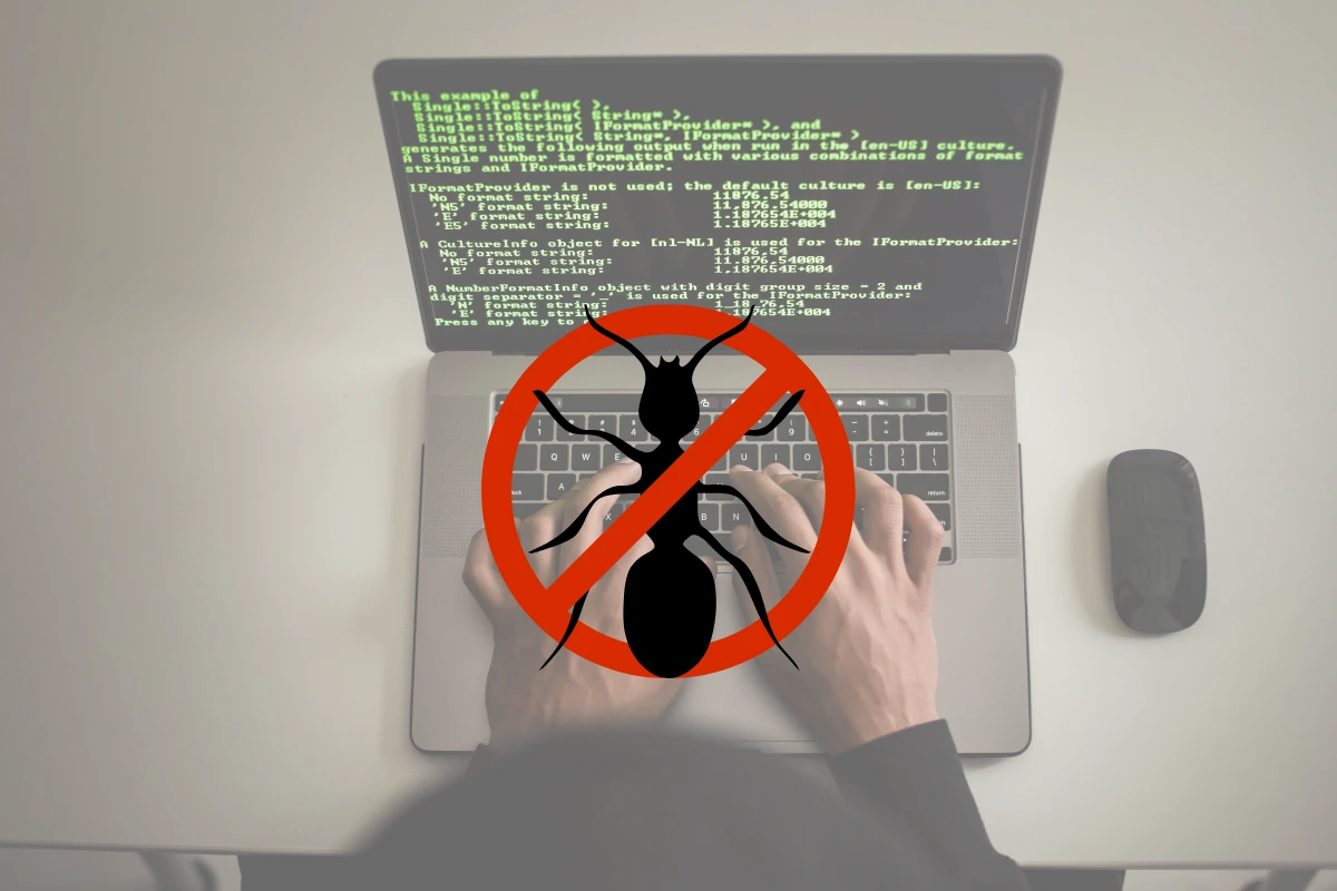 Draw of a bug in front of a laptop screen 