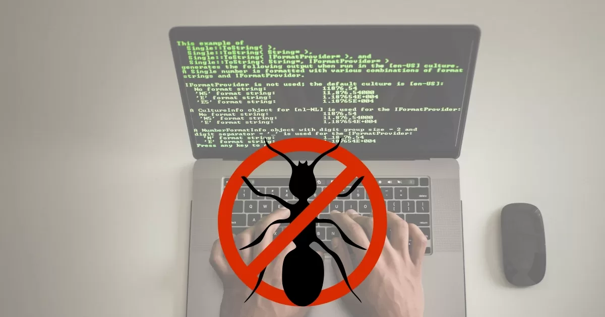 Desenho de um inseto morto em frente a um computador, representando o paradoxo do pesticida
