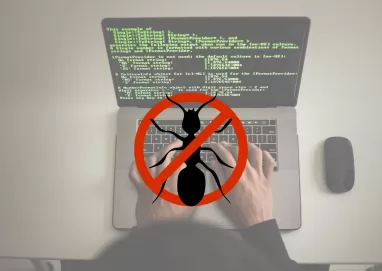 Desenho de um inseto morto em frente a um computador, representando o paradoxo do pesticida
