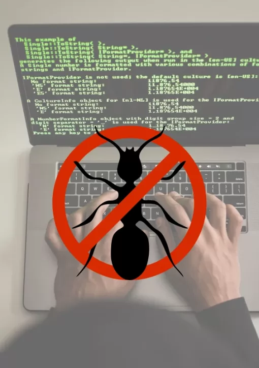 Desenho de um inseto morto em frente a um computador, representando o paradoxo do pesticida