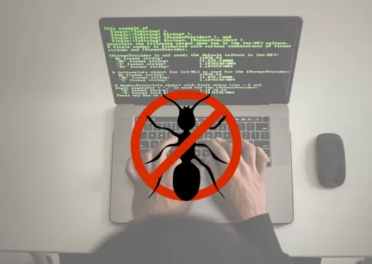 Desenho de um inseto morto em frente a um computador, representando o paradoxo do pesticida