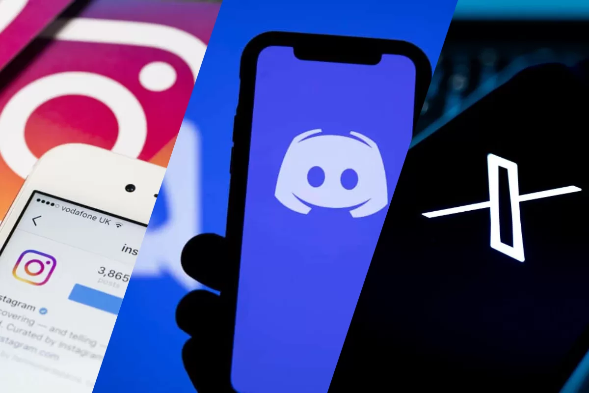 Logotipos dos aplicativos Instagram, Discord e X (antigo Twitter), representando exemplos populares de aplicativos híbridos.