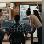 Equipe de desenvolvimento discutindo um trecho de código na tela, com programadores concentrados em um ambiente de escritório moderno e colaborativo.