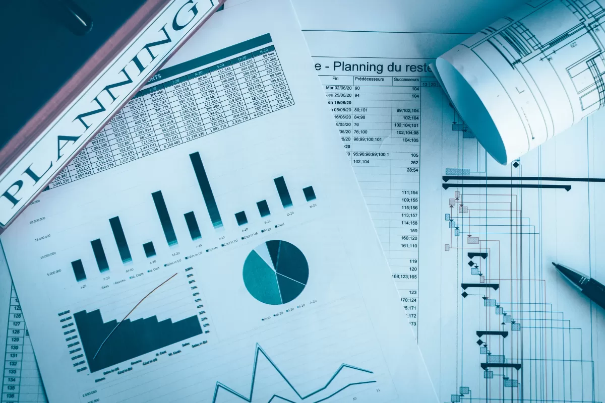 Documents with charts, tables, and planning timelines, symbolizing IT project management and control.