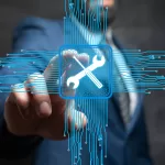 Man touching a technical support icon on a virtual screen with digital interface elements, representing system maintenance