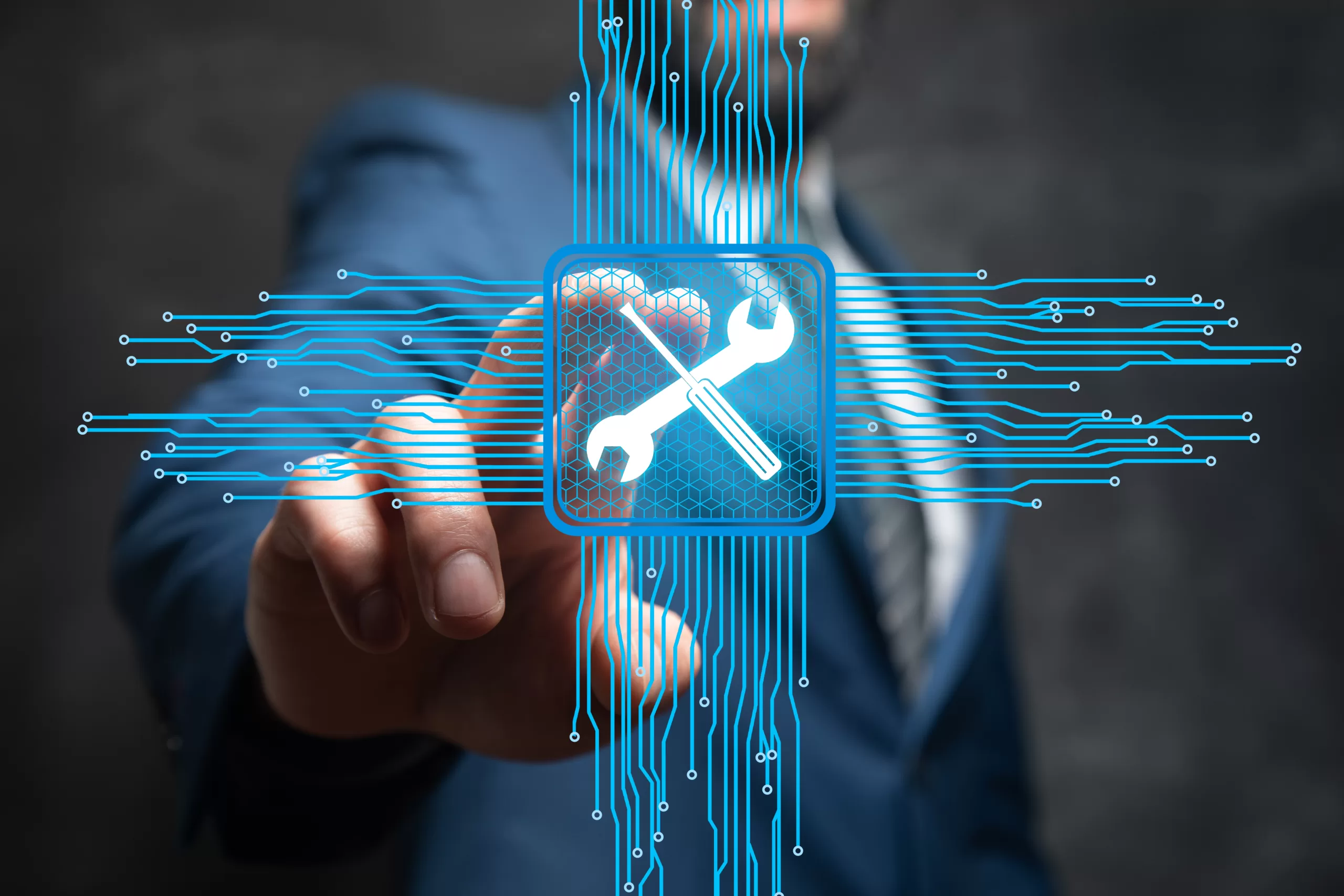 Man touching a technical support icon on a virtual screen with digital interface elements, representing system maintenance