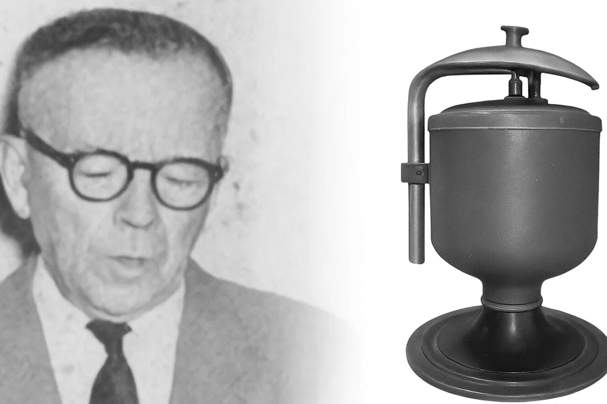 Francisco Canhos, inventor brasileiro, e o modelo do primeiro chuveiro elétrico, que revolucionou os banhos no Brasil.