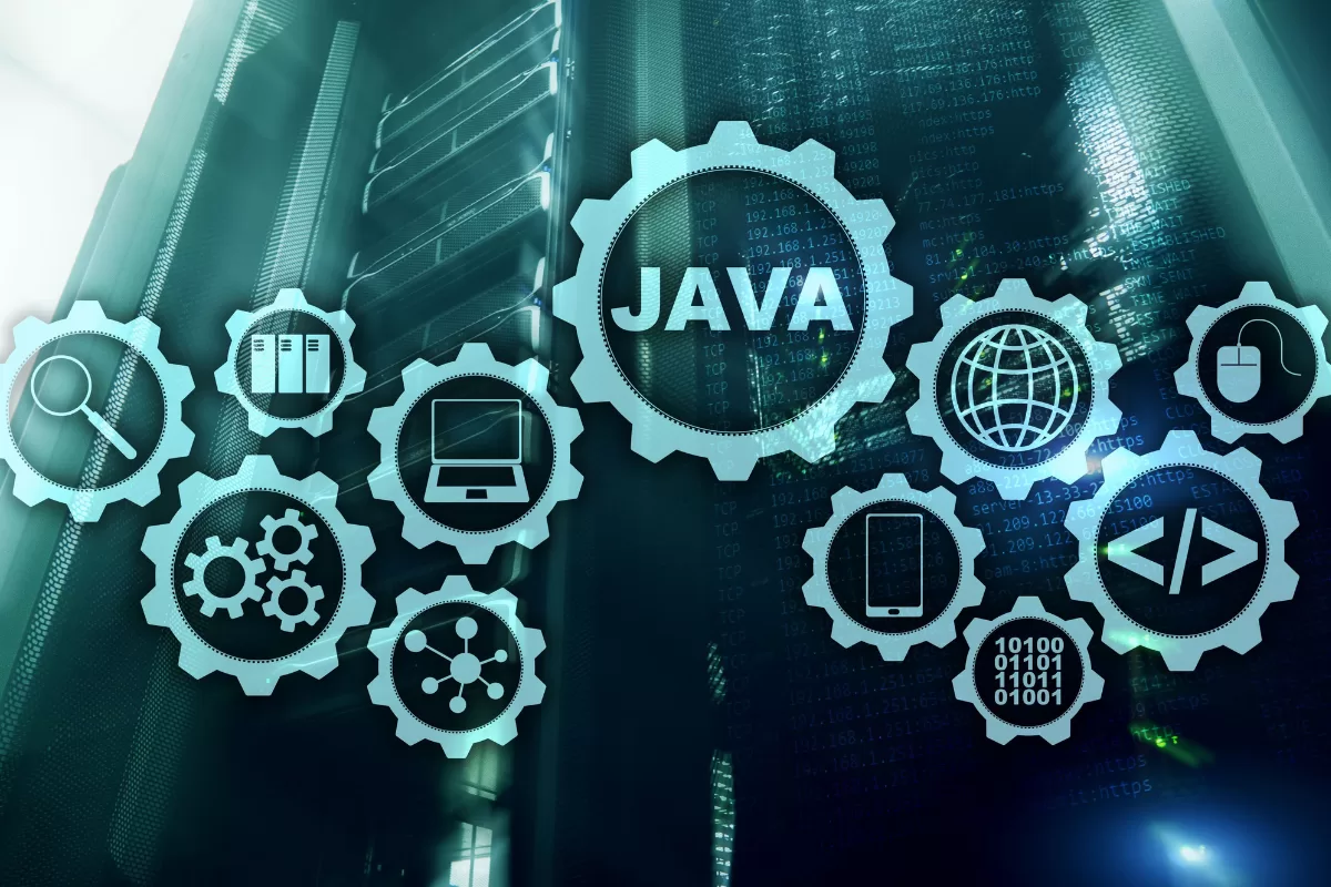 Ícones de tecnologia e engrenagens com a palavra Java ao centro, representando desenvolvimento de software.