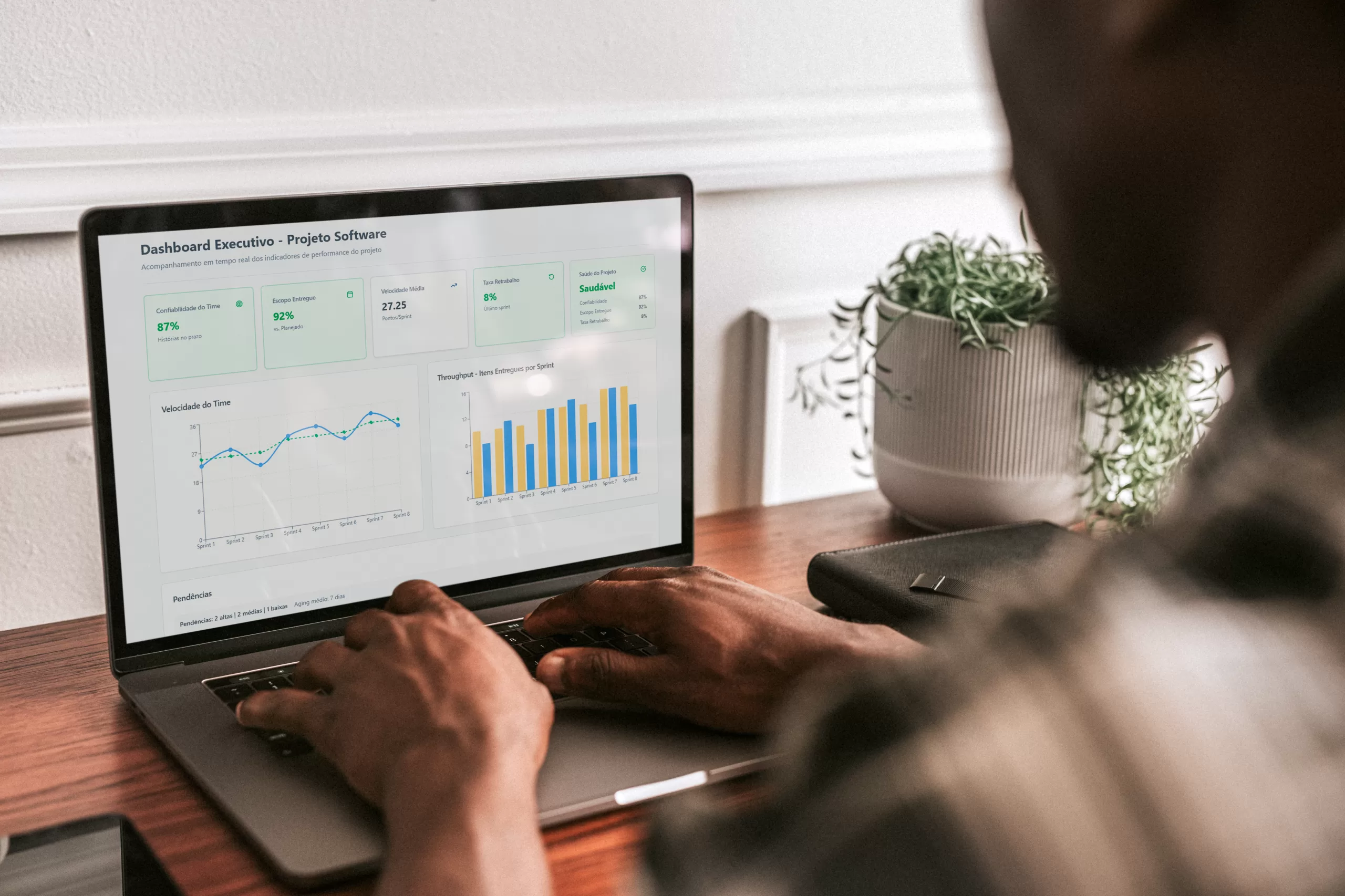 Pessoa trabalhando em um laptop que mostra um dashboard executivo de projeto de software, com gráficos e indicadores de métricas como confiabilidade, escopo entregue, velocidade média e taxa de retrabalho.