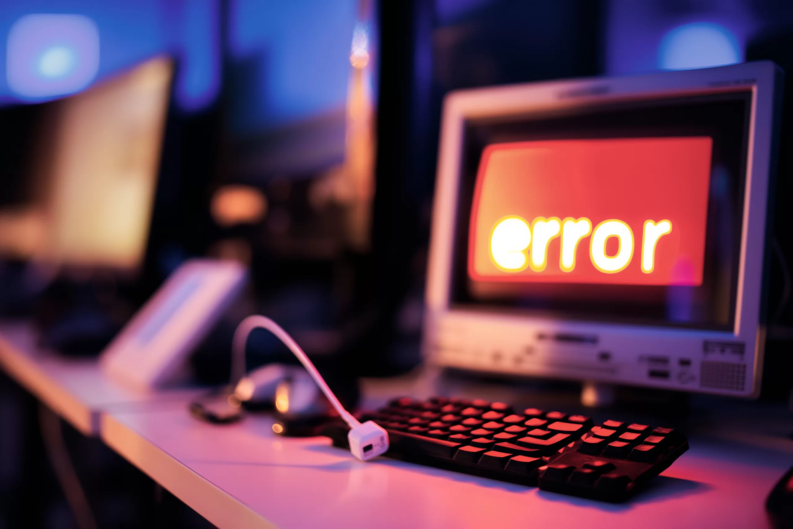 Computer screen displaying red error message with colorful ambient lighting, representing failures in outdated systems