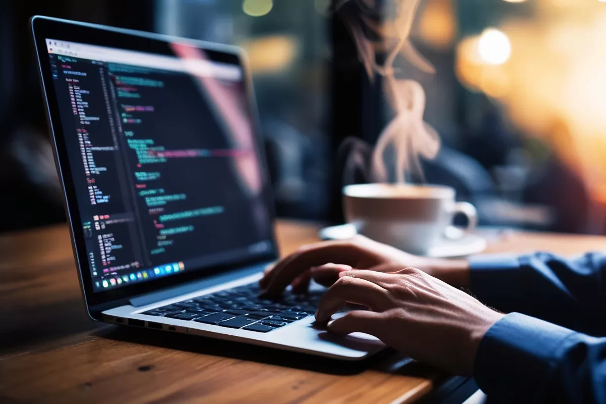 Close-up of someone's hands typing on a laptop with programming code visible on the screen, with a steaming cup of coffee in the background in a softly lit setting. It represents IT talent retention