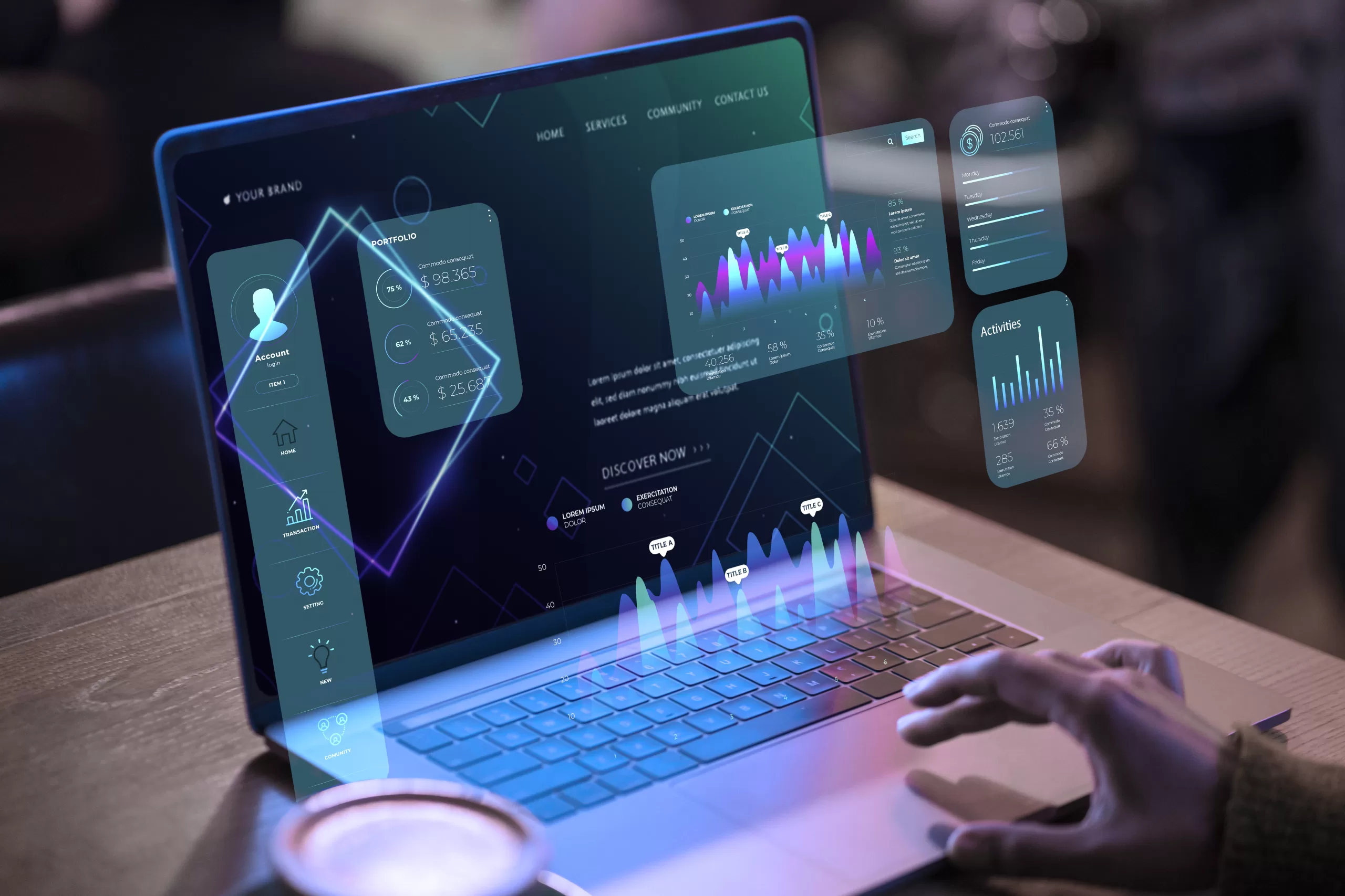 Laptop exibindo painel de UI/UX com cartões flutuantes, gráficos e métricas.