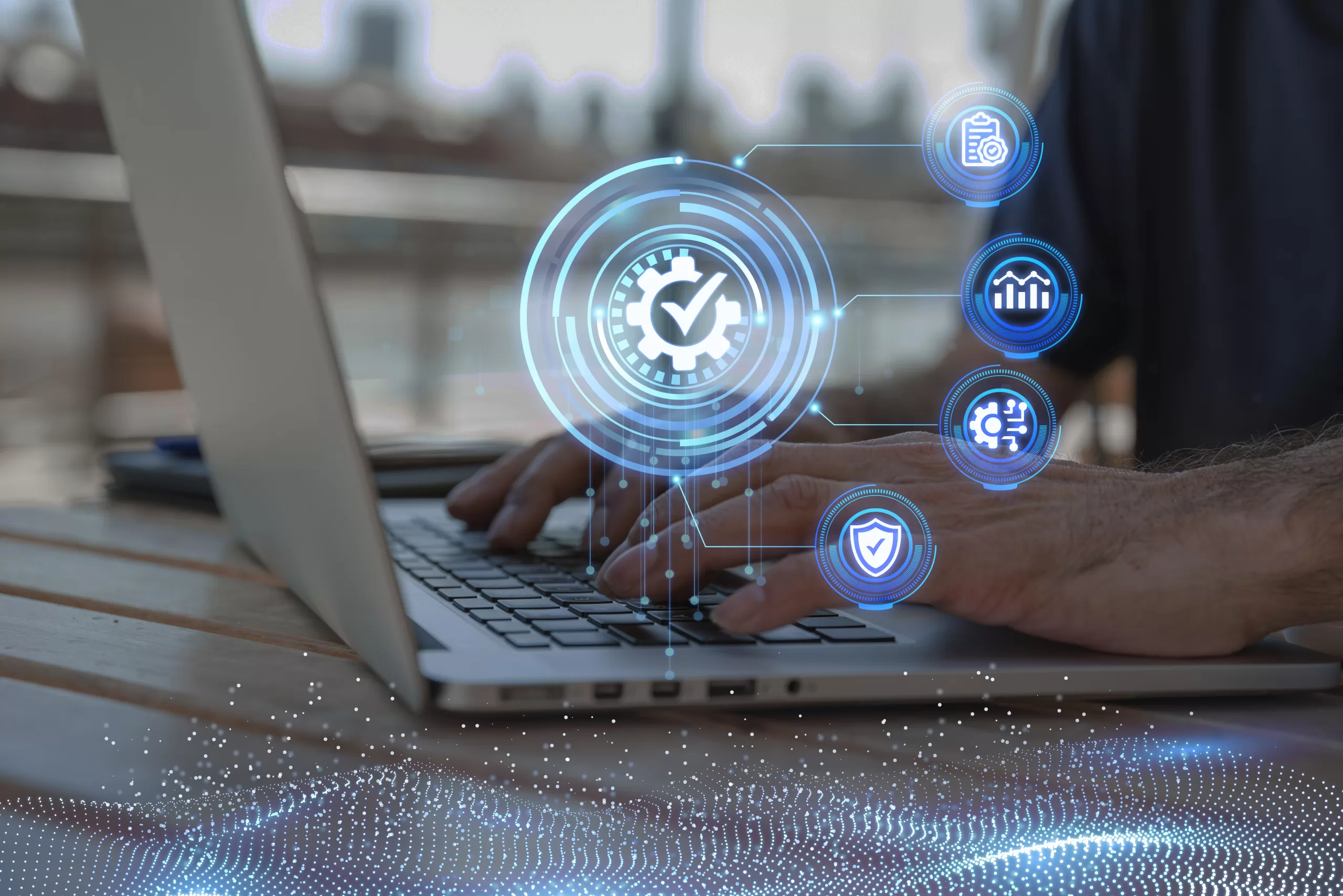 Digital quality control and modernization concept: a gear with a check mark floating over a laptop, symbolizing diagnosis and system optimization.